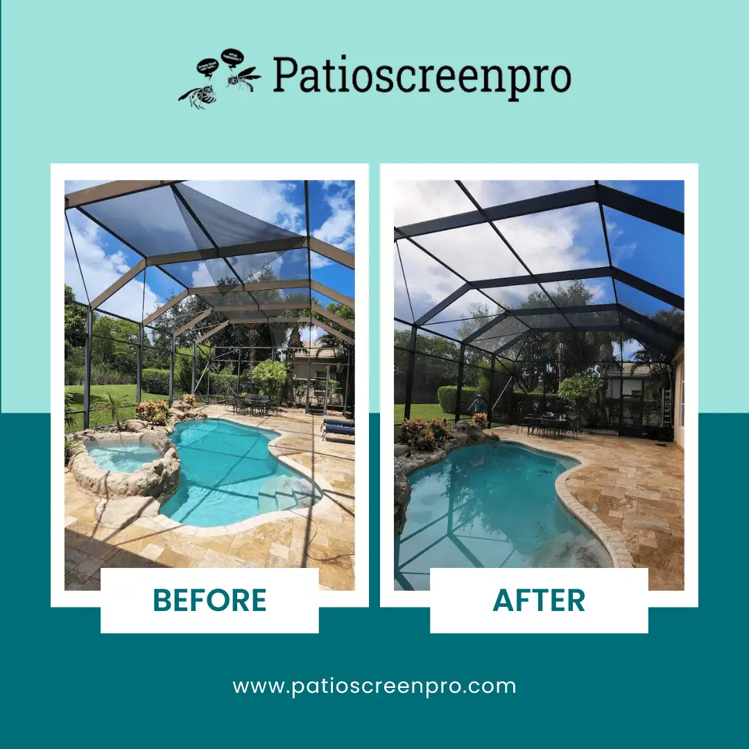 Pool screen enclosure before and after repair — PatioScreenPro