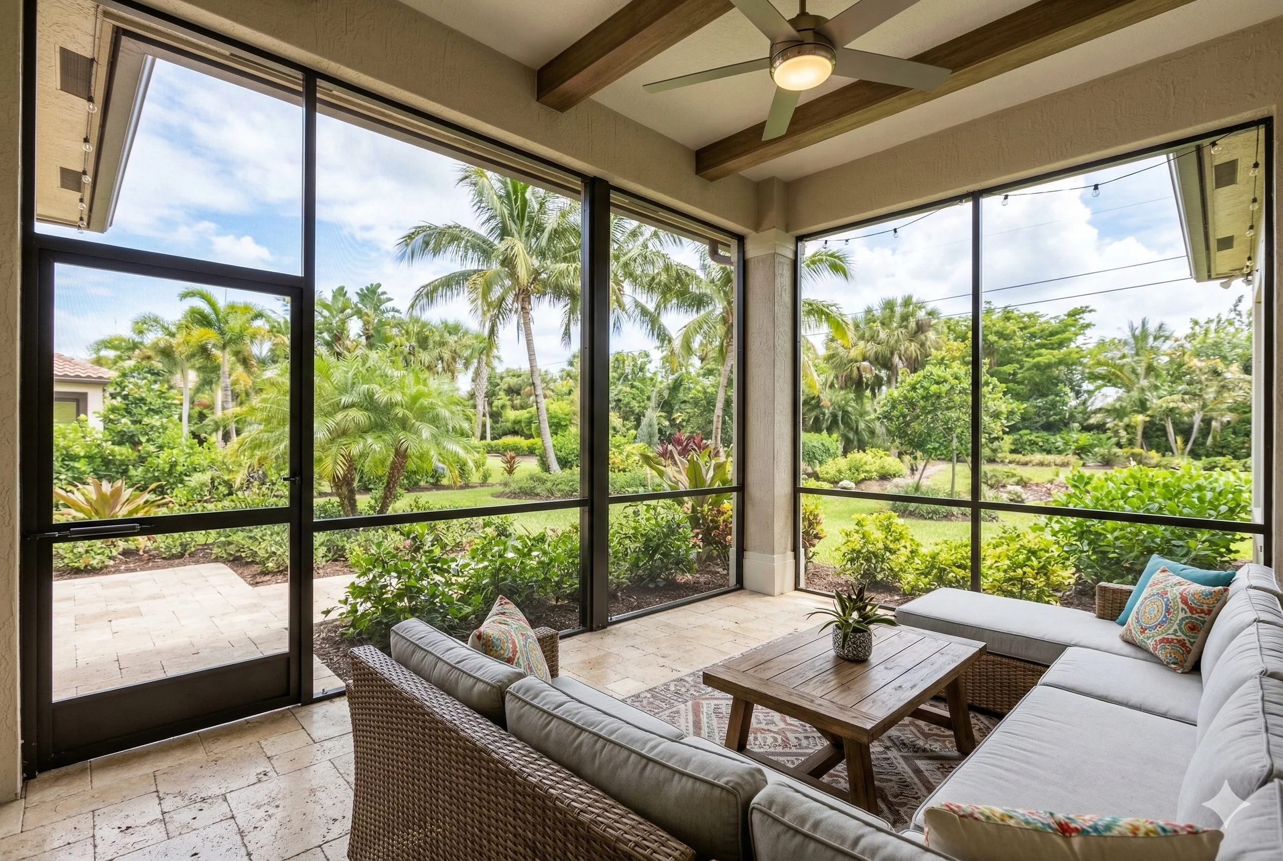 Luxury screened-in porch with high-quality aluminum framing and a view of tropical landscaping in West Palm Beach, FL.