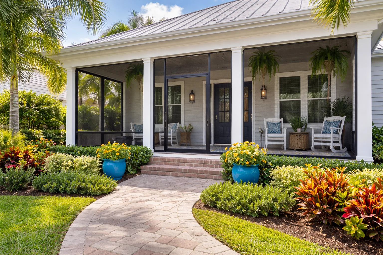 Front porch of a West Palm Beach home featuring custom black-framed screened porch, white columns, tropical landscaping, and brick walkway.
