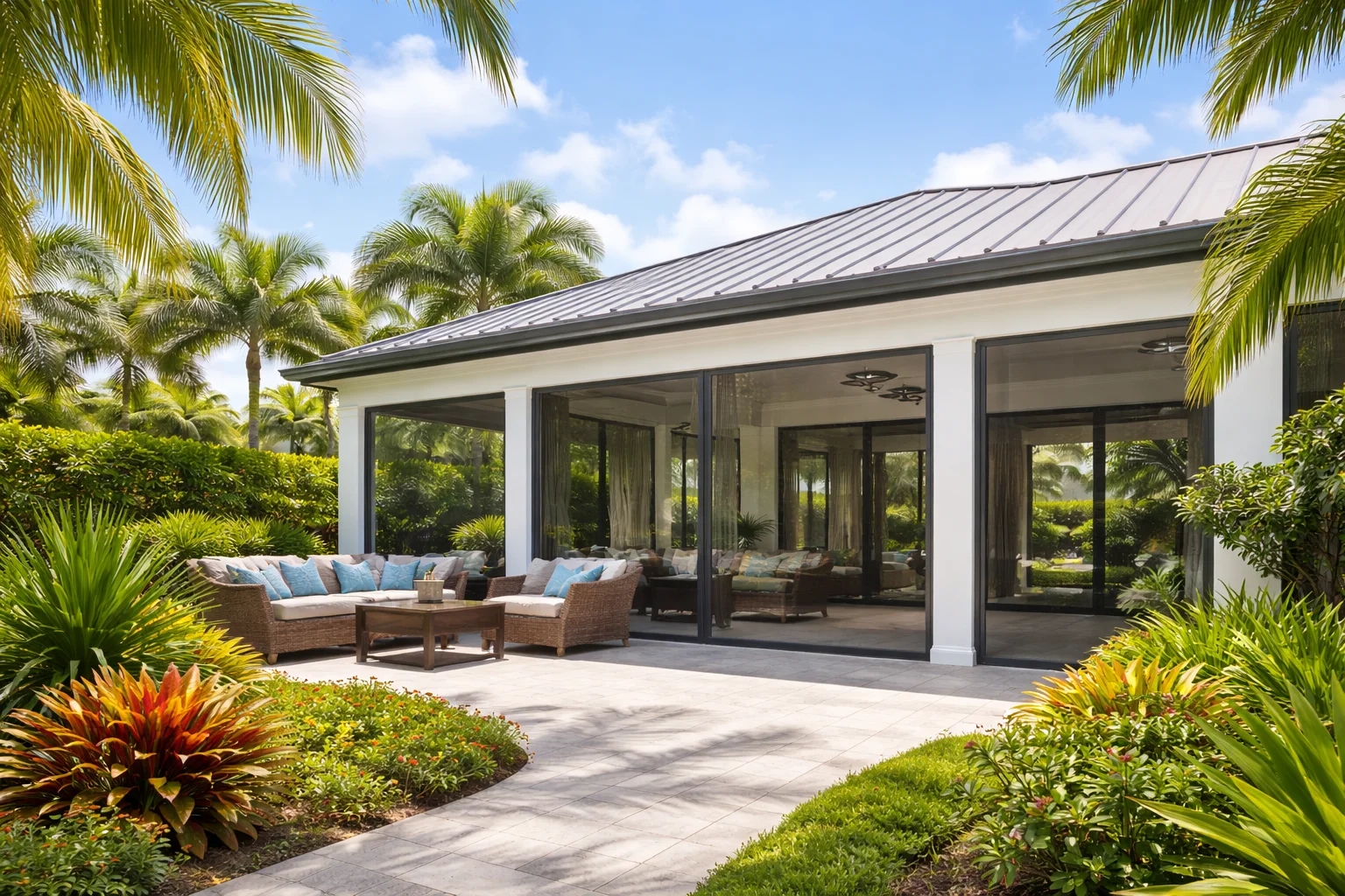 Modern West Palm Beach home patio with large sliding screen doors and tropical landscaping.