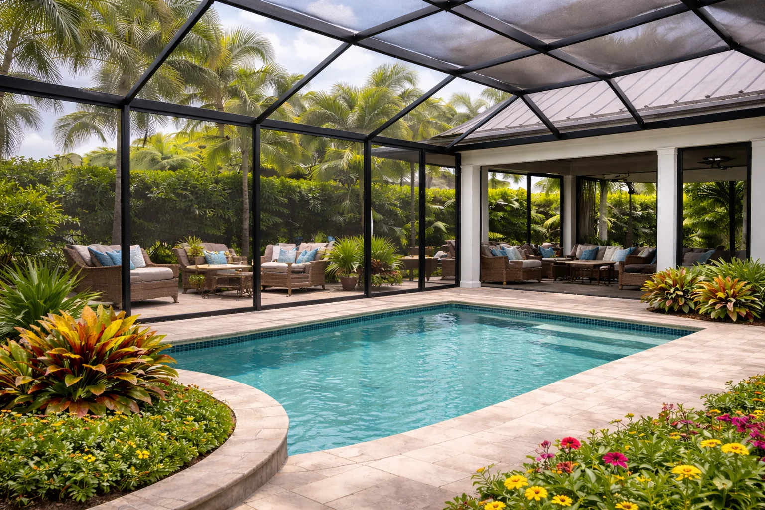 Modern patio screen enclosure upgrade with swimming pool and outdoor seating in West Palm Beach Florida backyard.