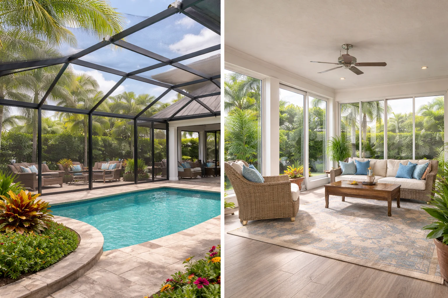 Side-by-side comparison of a pool screen enclosure and a glass sunroom in a West Palm Beach Florida home.