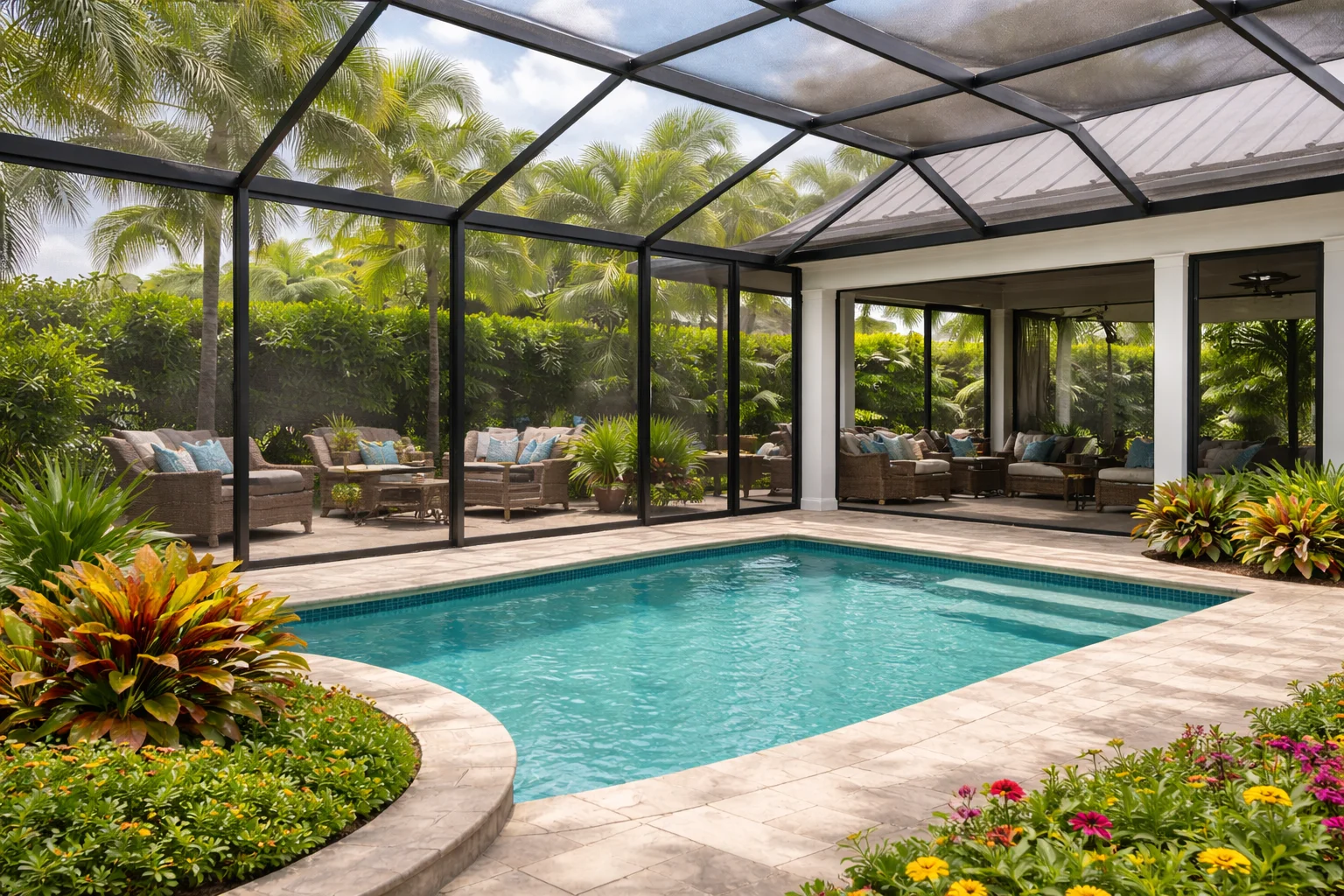 Spacious pool enclosure with black aluminum screen panels in a West Palm Beach Florida backyard.