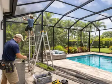 Two technicians repairing a pool enclosure screen in a spacious backyard with tropical plants and a swimming pool in West Palm Beach, Florida.