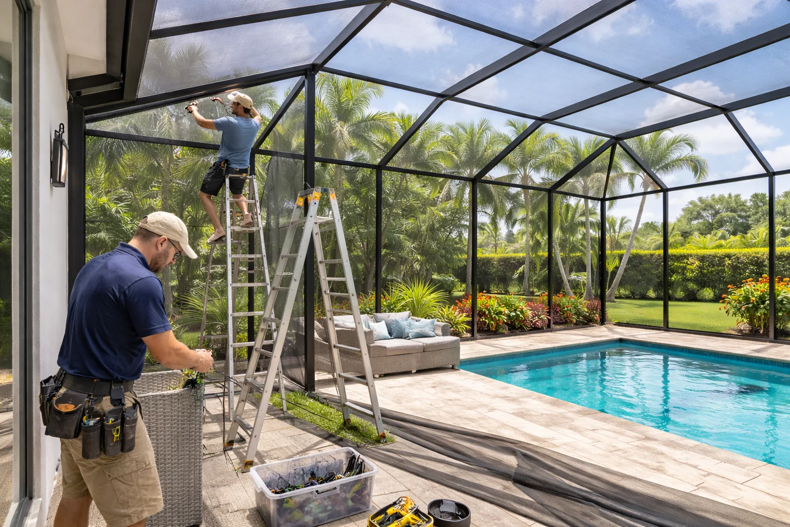 Two technicians repairing a pool enclosure screen in a spacious backyard with tropical plants and a swimming pool in West Palm Beach, Florida.