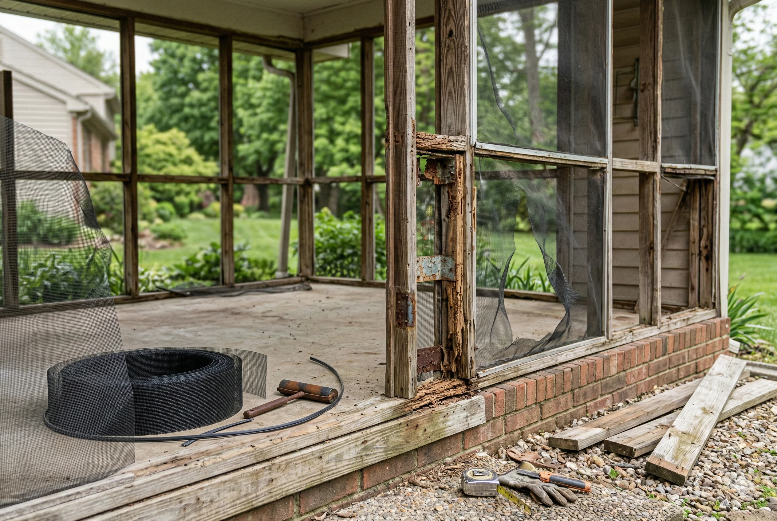 A detailed photo of a damaged wooden porch enclosure showing rotted wood frames, torn mesh screens, and rusted hardware, illustrating the factors that increase repair costs.